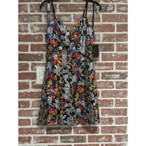 NWT Mac Duggal Black Sequined Floral Detail Mini Dress Size 6